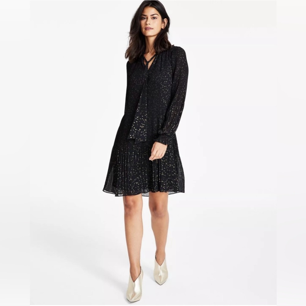 DKNY Women's Chiffon Pleated Tie-Neck Shift Dress Sz2 $139